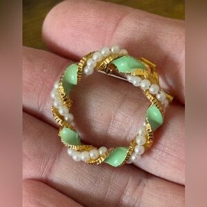 Vintage Gold Tone Wreath Brooch with Faux Pearls and Green Enamel Leaves